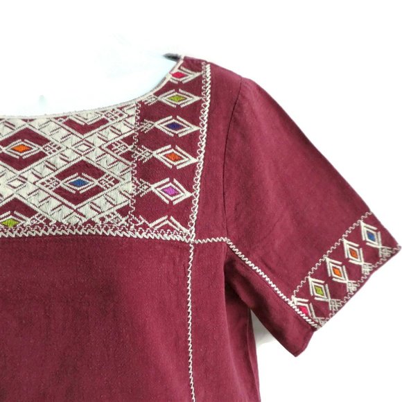 Madewell Top Embroidered Tee  Red Linen Blend Diamonds Side Vents Short Sleeve - Picture 3 of 7